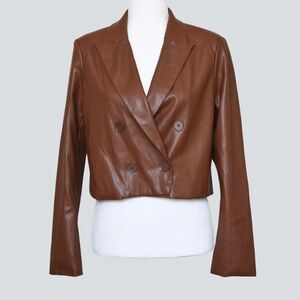 PHILOSOPHY Women's Brown Double-Breasted Cropped Faux Leather Blazer Size 6